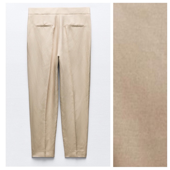 NWT. Zara Beige Viscose/Linen Blend Slim Fit High-Waisted Trousers. Size M. - Picture 5 of 9